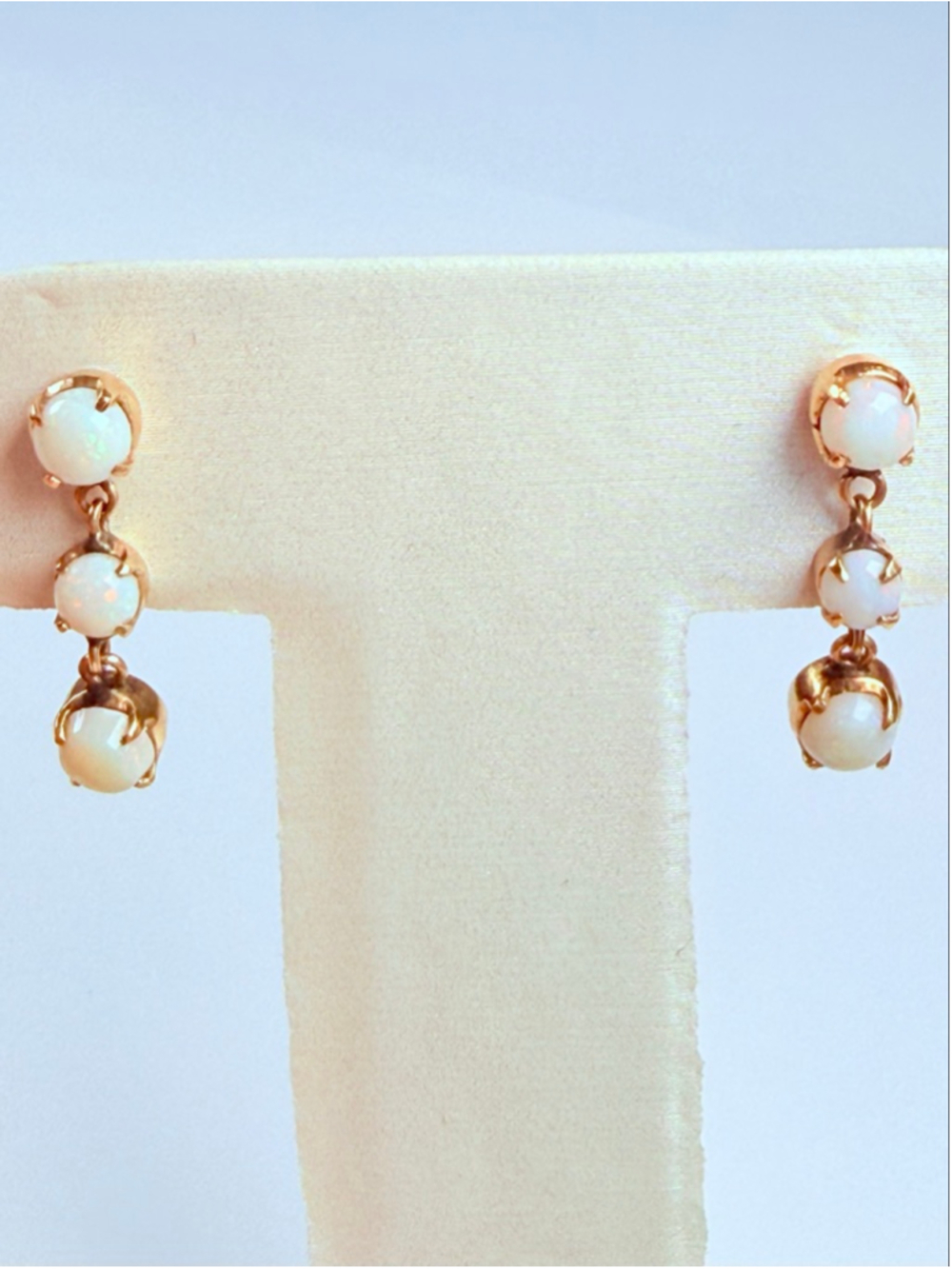 10K Solid Yellow Gold White Milky Opal Cabochon 3 Tier Drop Dangle VTG Earrings